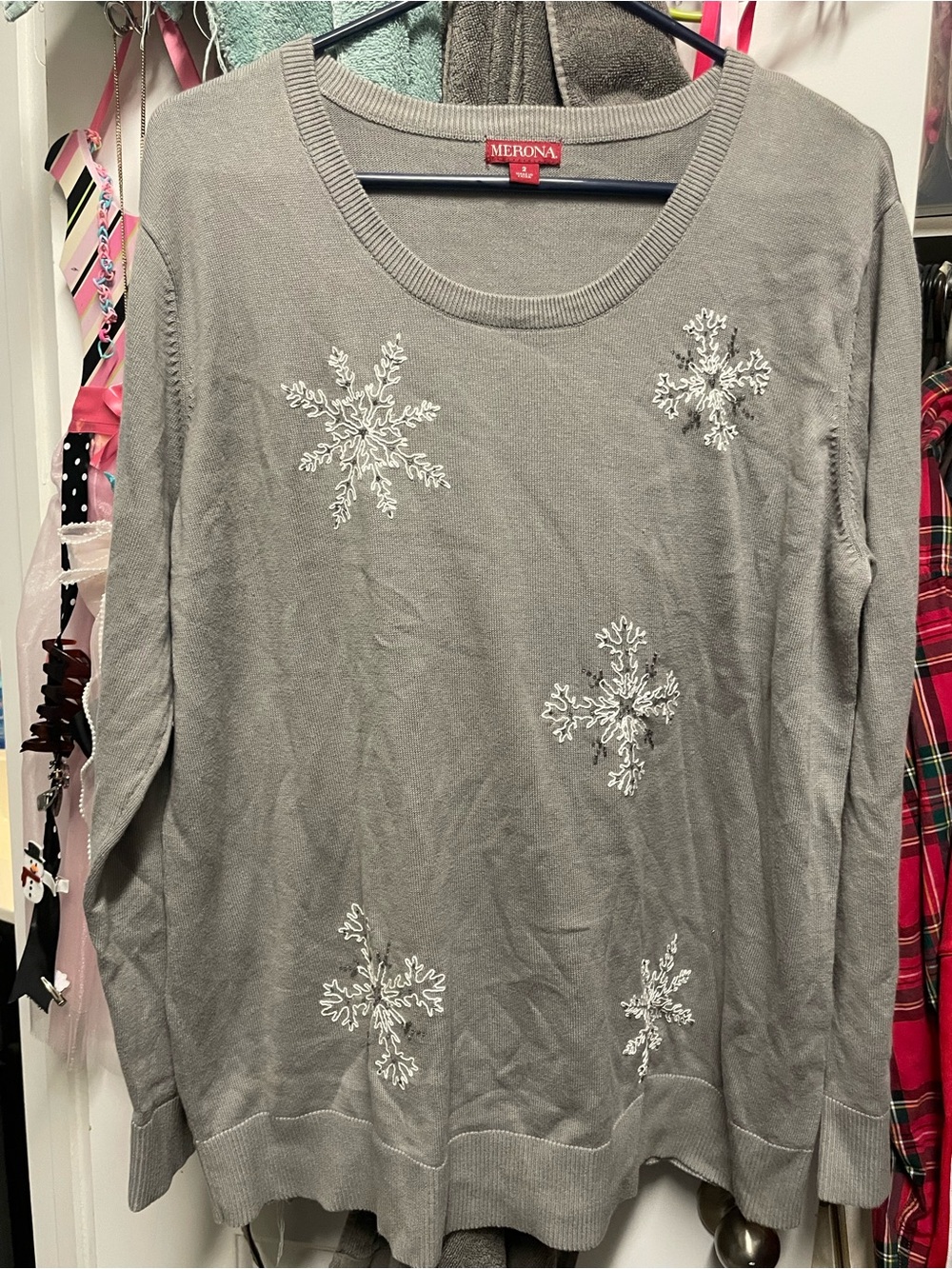 Merona Light Gray Snowflake Embroidered Crewneck Sweater